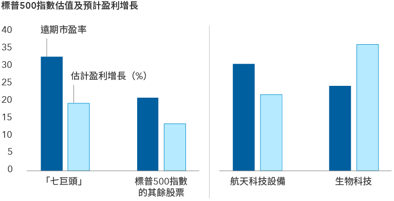 由兩條棒條組成的兩組棒形圖被標註為「標普500指數估值及預計盈利增長」。縱軸從0延伸至40。左邊的棒條代表遠期市盈率，右邊的棒條代表以百分比列示的估計盈利增長。第一組的兩條棒條代表「七巨頭」，遠期市盈率為33倍，估計盈利增長為19%。第二組的兩條棒條代表標普500指數的其餘股票，遠期市盈率為21倍，估計盈利增長為14%。第三組的兩條棒條代表航天科技設備業，遠期市盈率為31倍，估計盈利增長為22%。第四組的兩條棒條代表生物科技業，遠期市盈率為24倍，估計盈利增長為36%。過往的業績表現並非未來期間業績表現的指標。